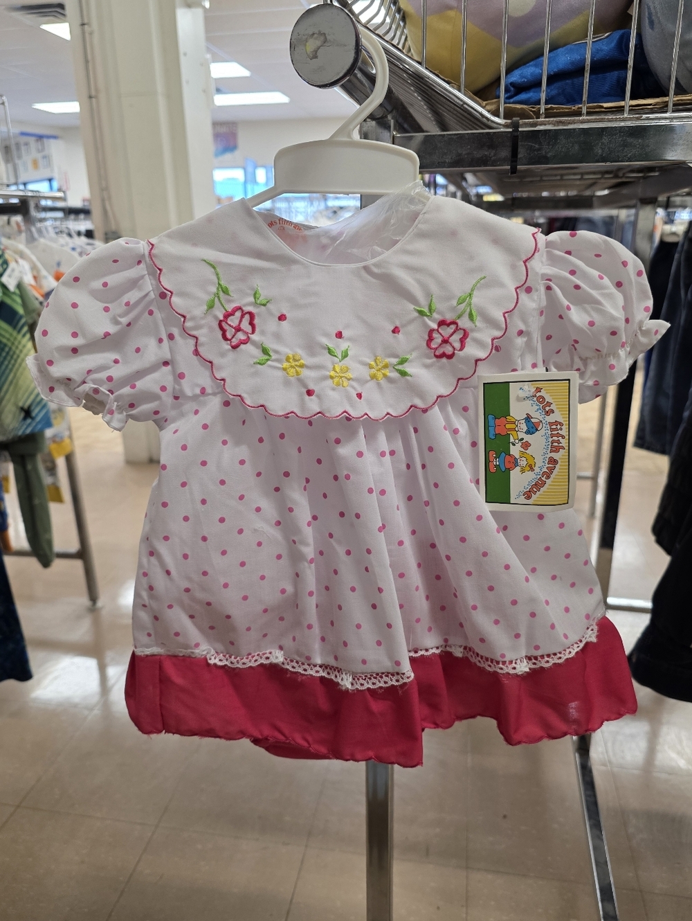 White & Hot Pink Polka Dot Baby Heirloom Dress with Floral Bib